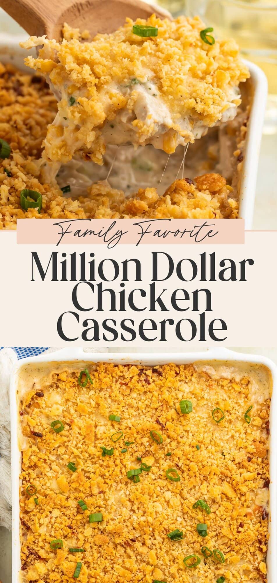 Pinterest pin showing Million Dollar Chicken Casserole being served with cheese stretching