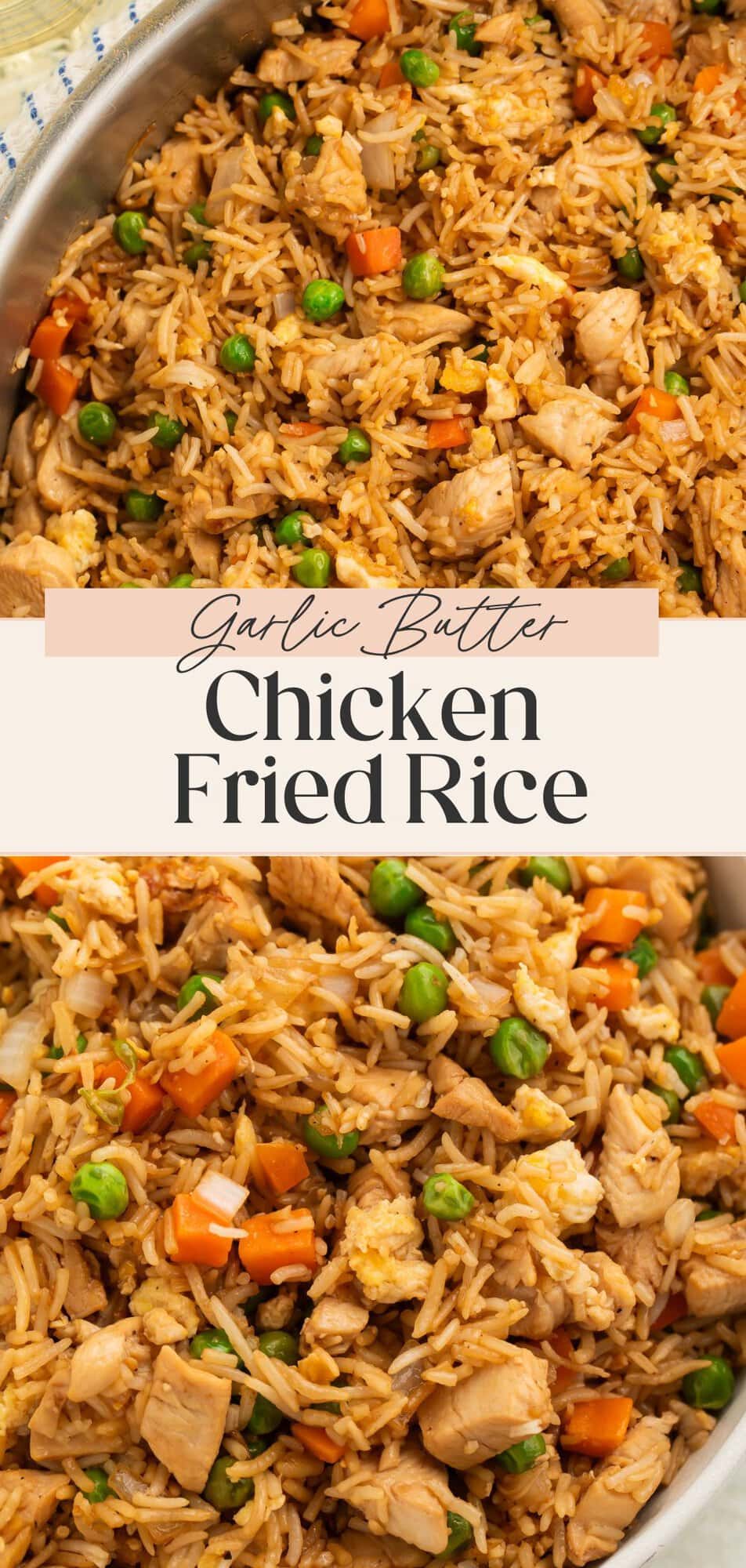 Close-up of garlic butter chicken fried rice showing chicken pieces and vegetables