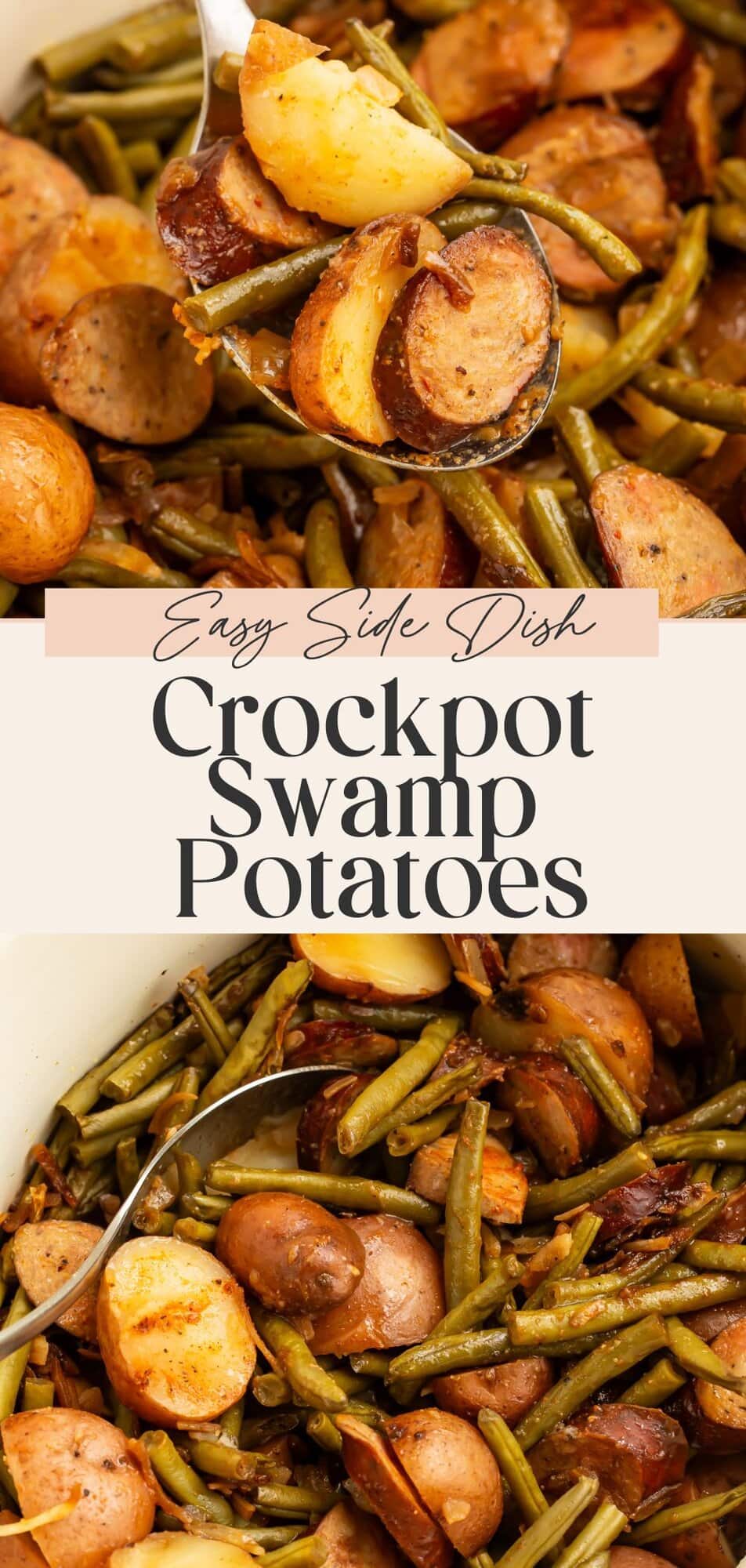 Tall Pinterest pin format showing crockpot swamp potatoes with serving spoon and recipe title