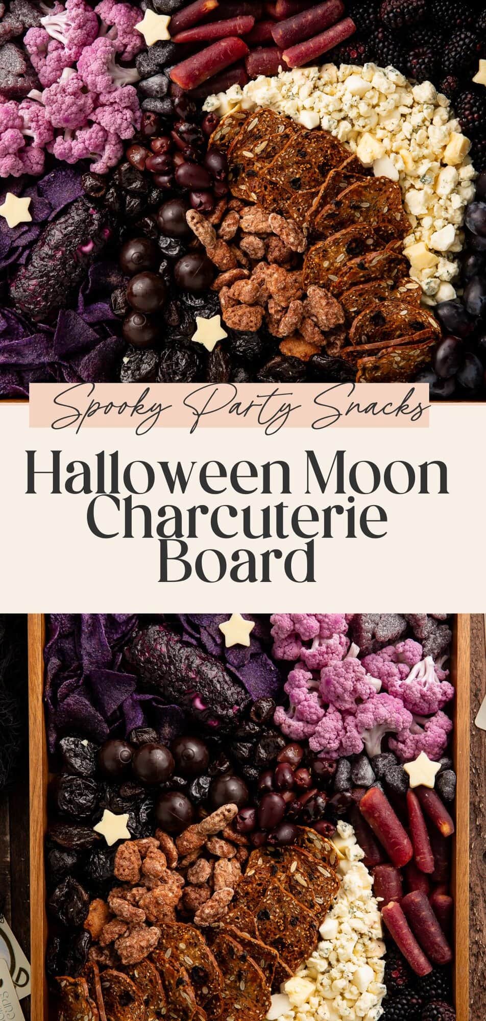 Halloween charcuterie board Pinterest pin with spooky party snacks title and purple black food arrangement