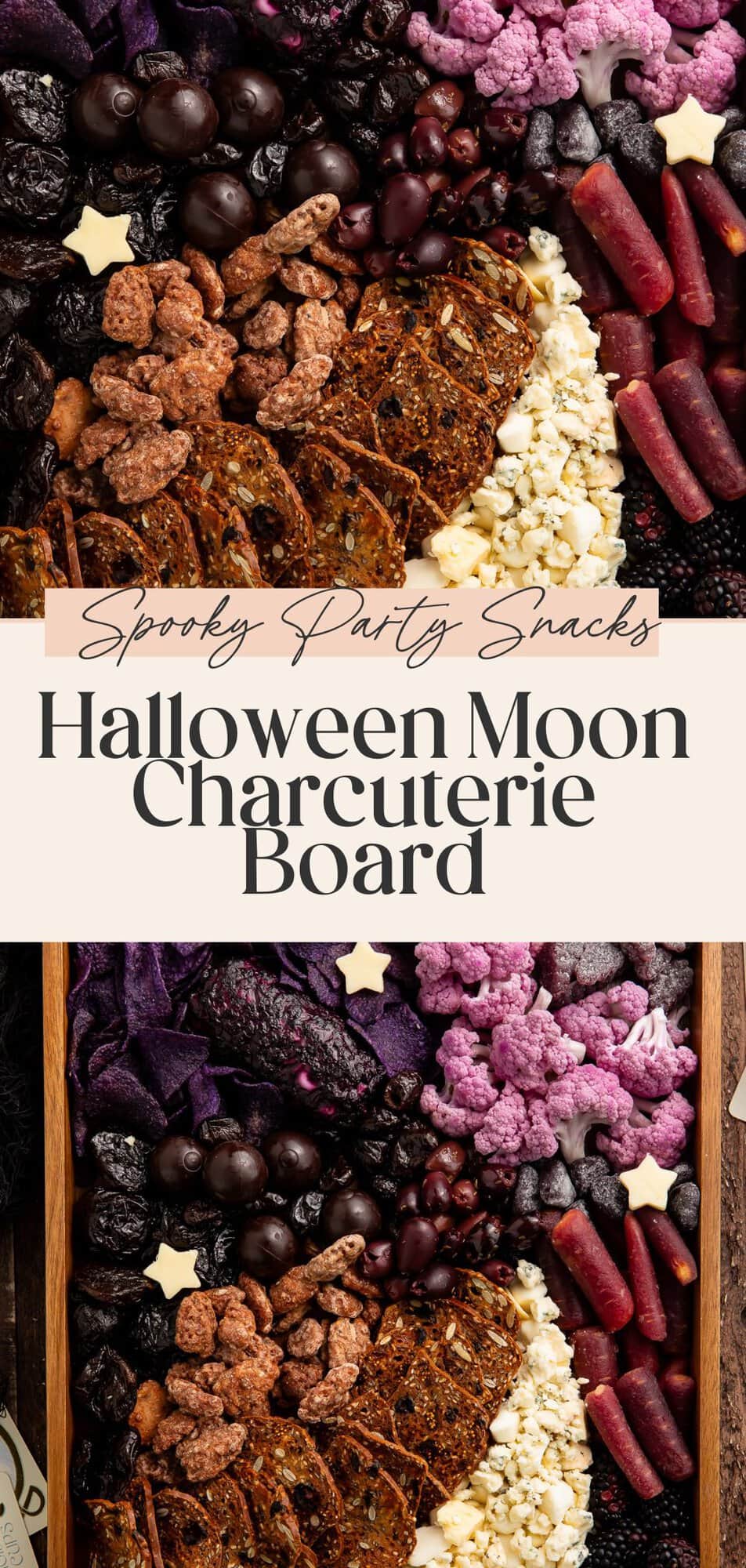 Vertical Halloween charcuterie board Pinterest pin showing spooky party snacks arrangement