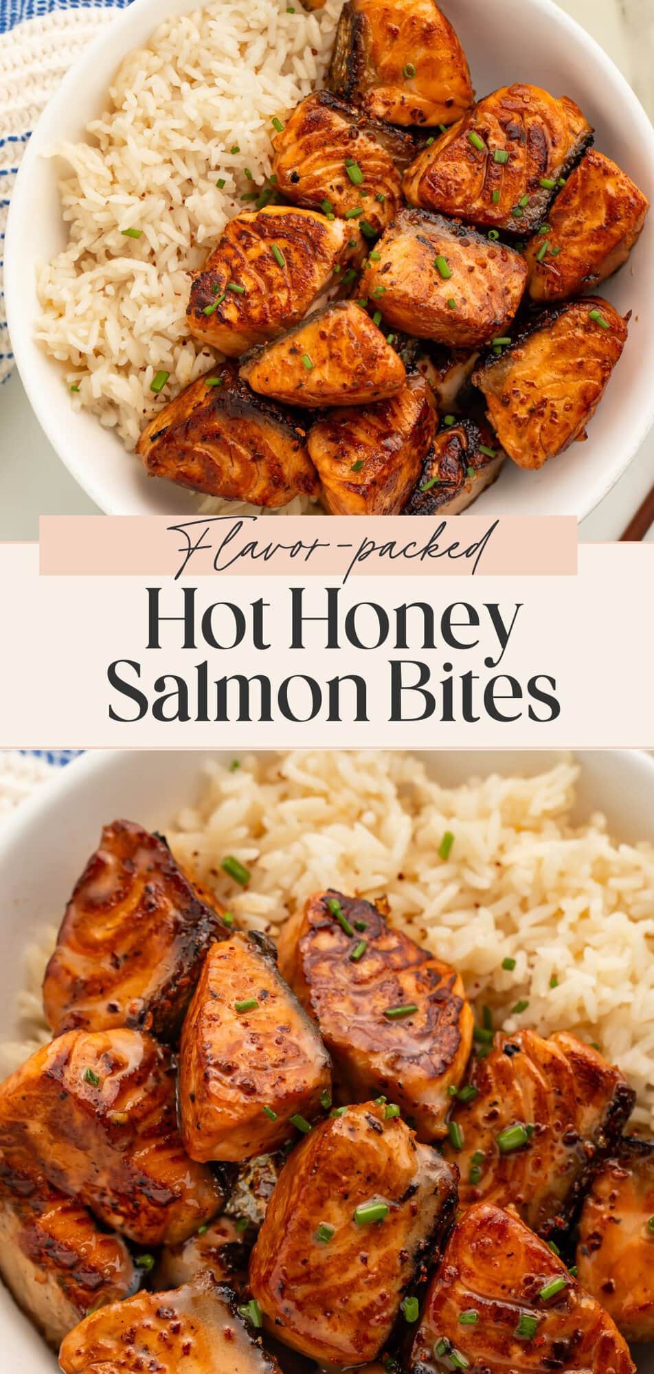 Pinterest graphic showing hot honey salmon bites with rice and recipe title overlay