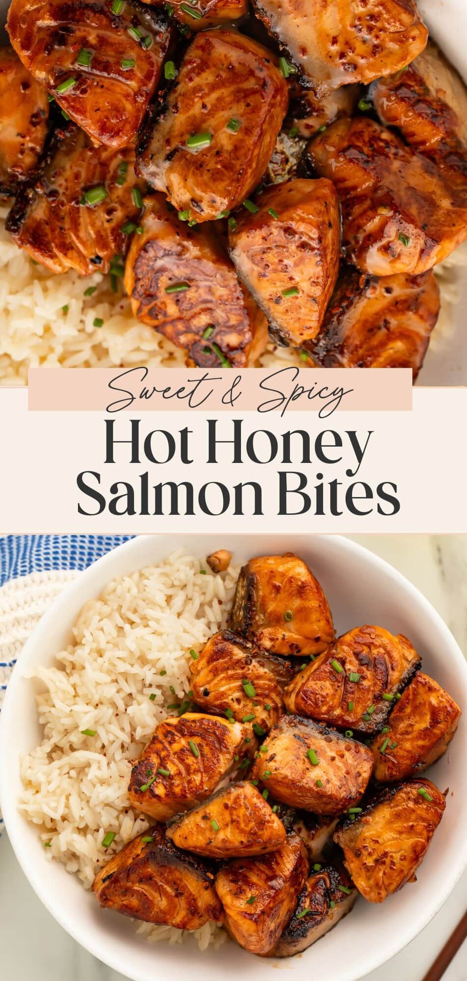 Sweet and spicy hot honey salmon bites Pinterest pin with close-up food photography