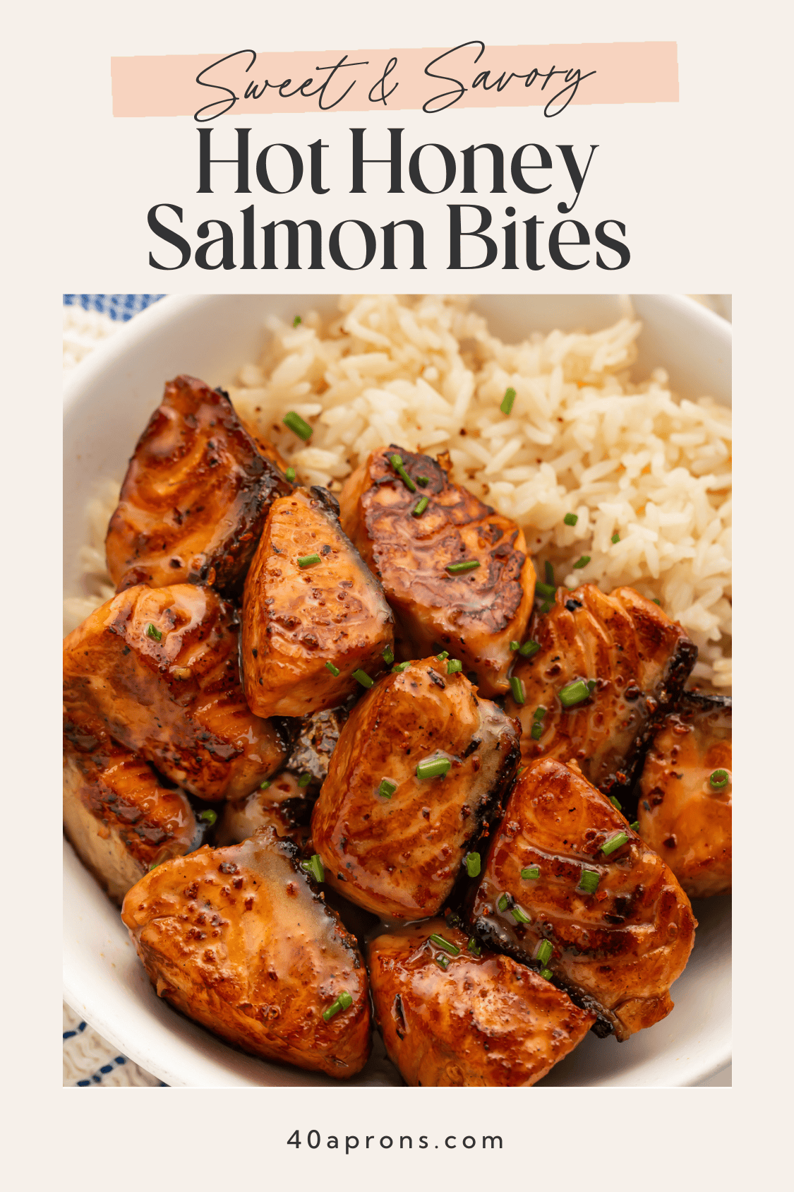 Hot honey salmon bites Pinterest pin with sweet and savory recipe title