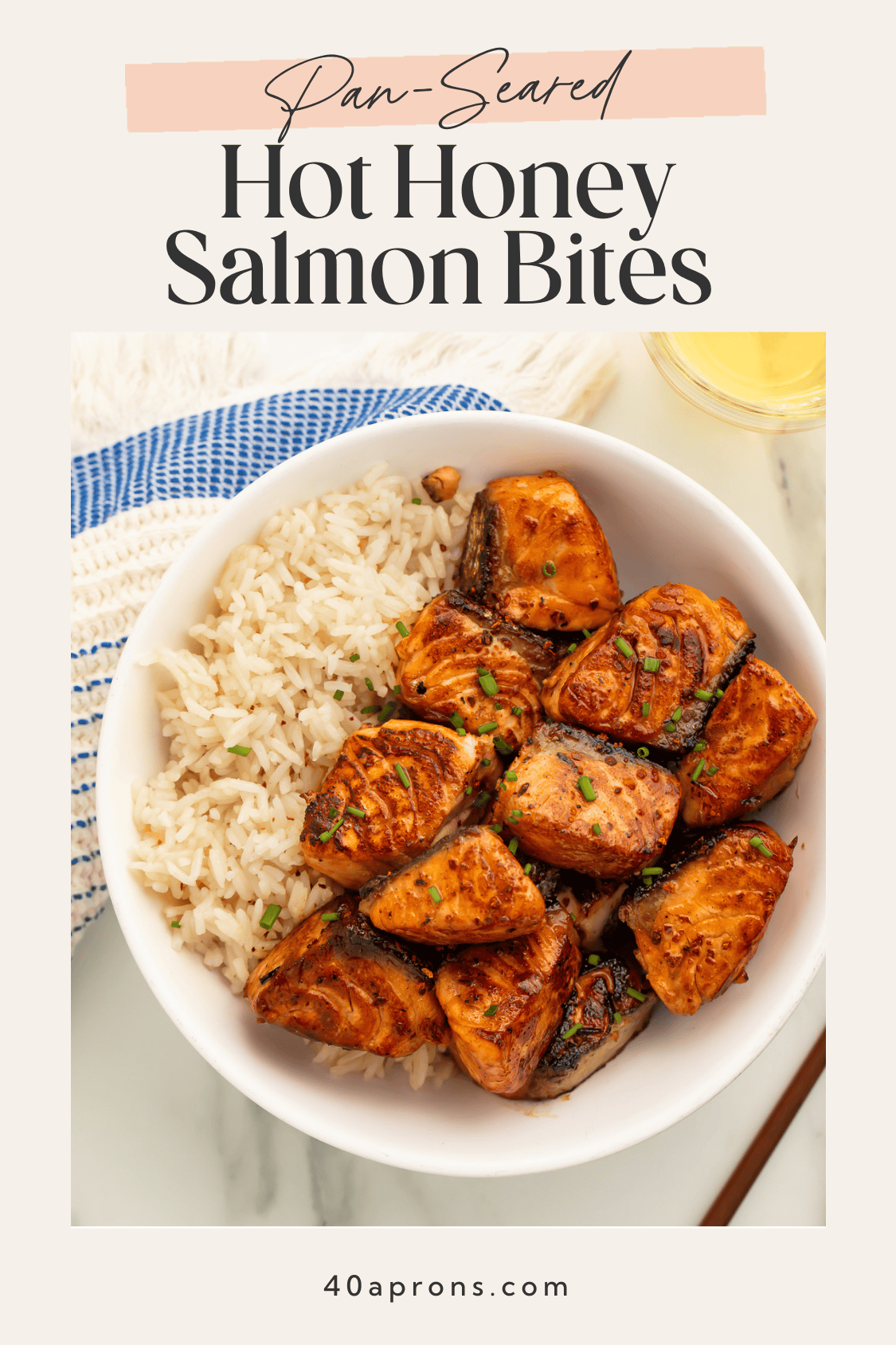Pan-seared hot honey salmon bites Pinterest pin with recipe branding