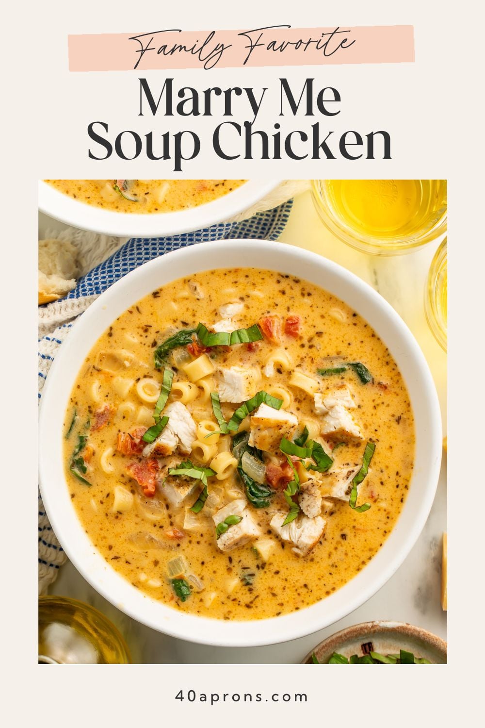 Marry Me Chicken Soup Pinterest pin with overhead bowl presentation and Family Favorite text overlay