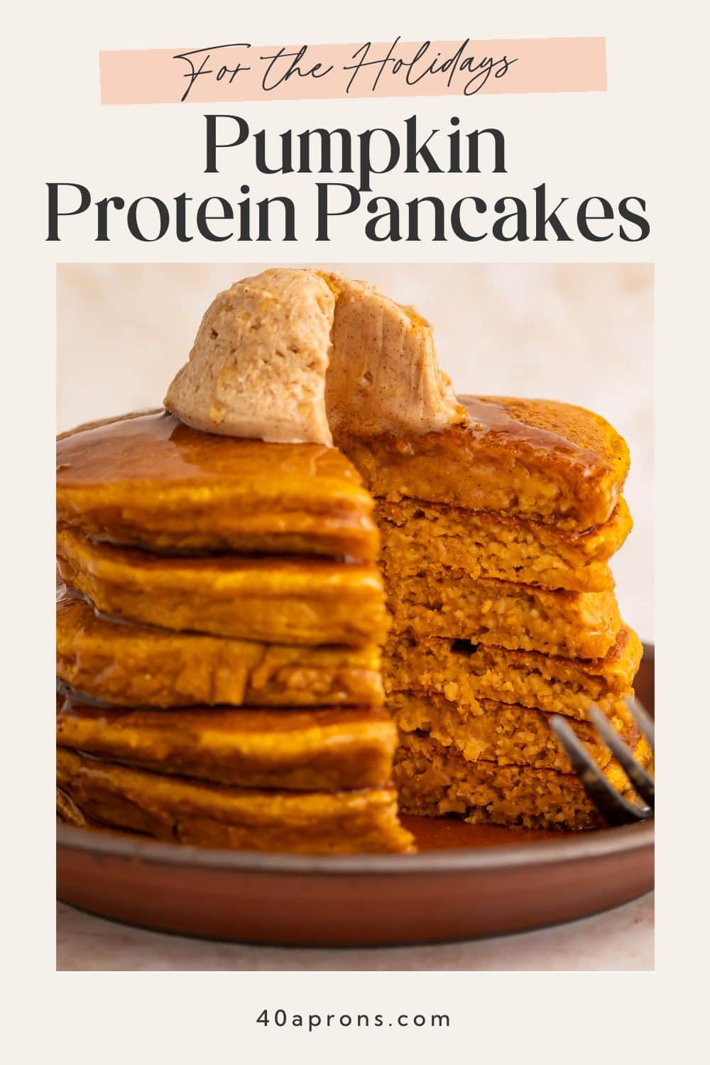 Stack of golden pumpkin protein pancakes with cinnamon butter and holiday themed text overlay