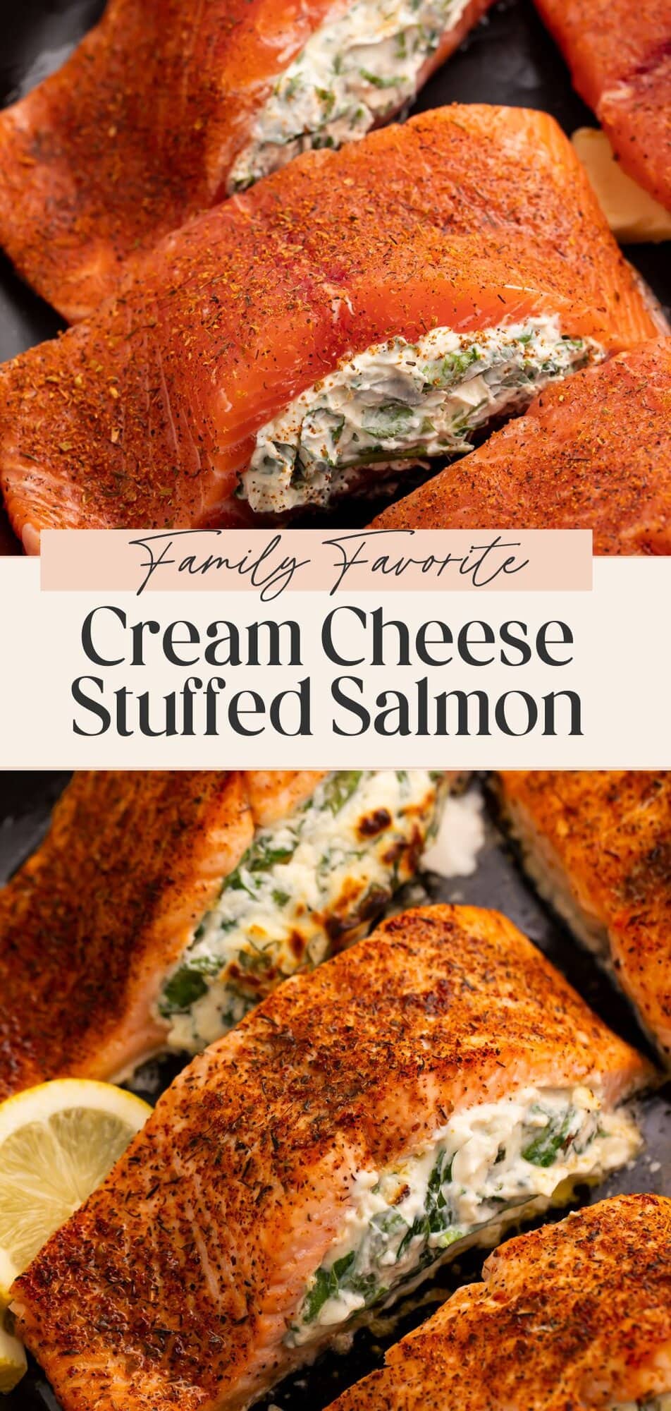 Close-up of cream cheese stuffed salmon showing generous spinach and cheese filling