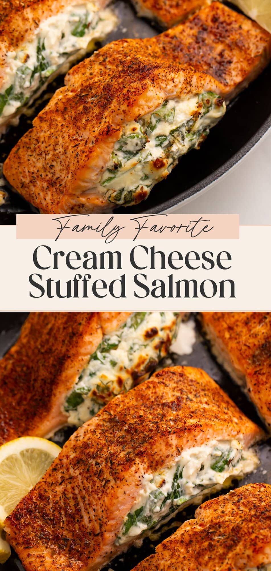 Broiled stuffed salmon fillets with golden-brown seasoning and melted cheese filling