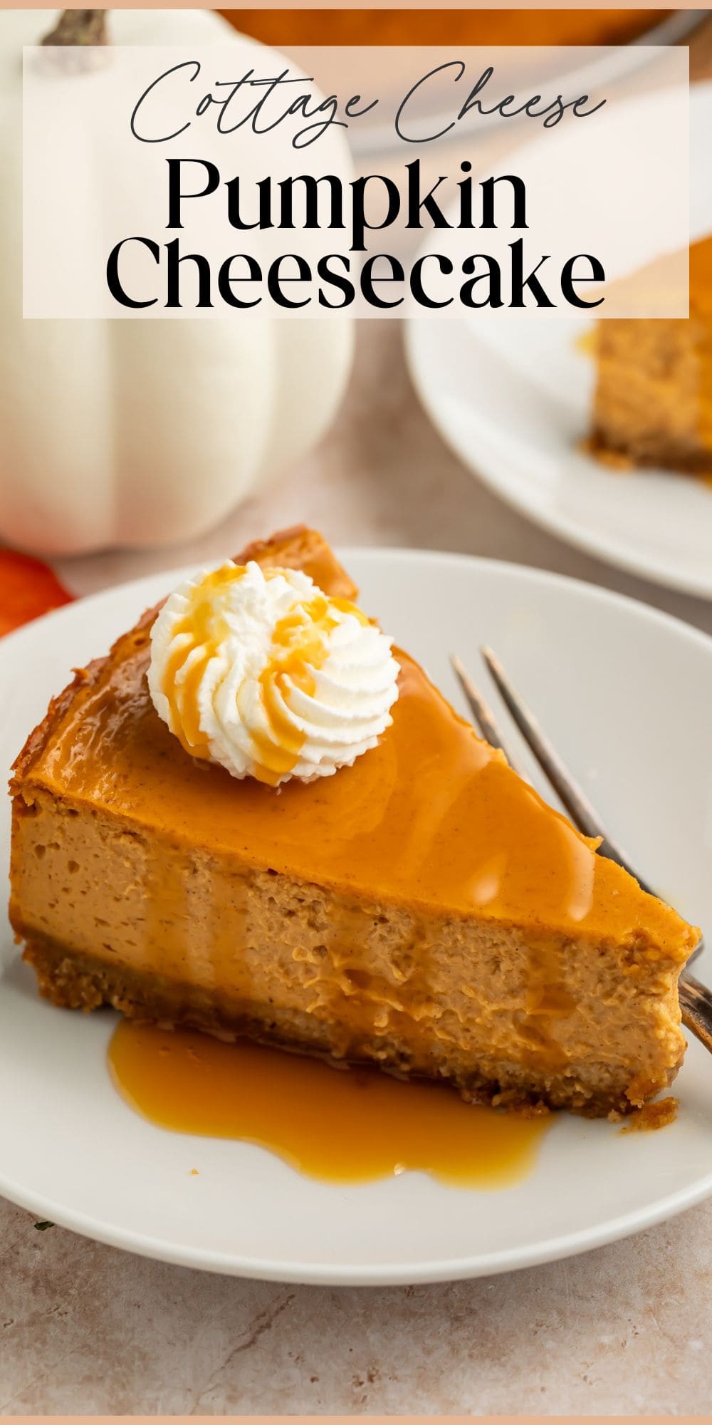Cottage cheese pumpkin cheesecake slice with caramel sauce