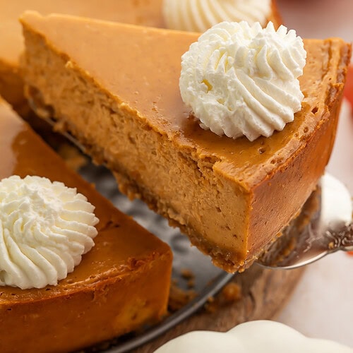 Cottage cheese pumpkin cheesecake slices with whipped cream