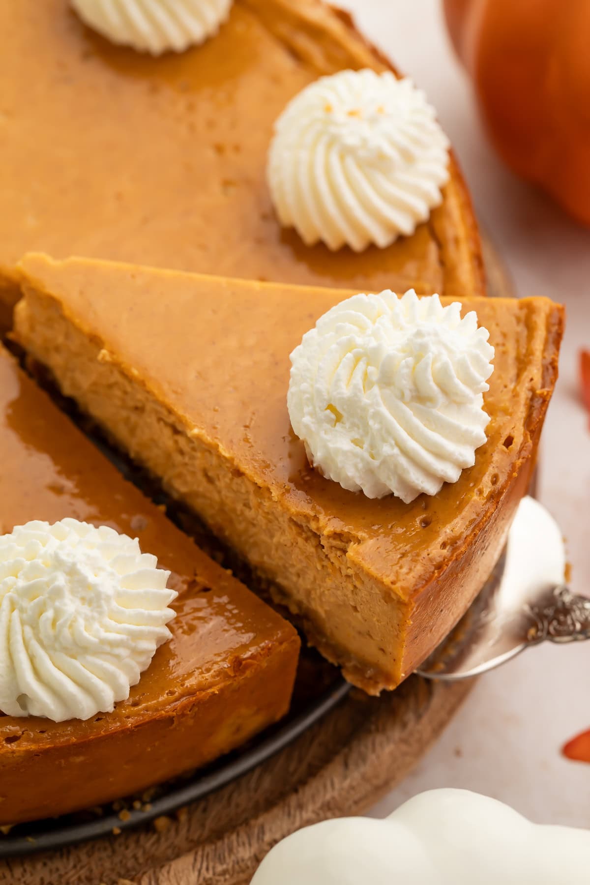 Close-up of pumpkin cheesecake slices with whipped cream rosettes