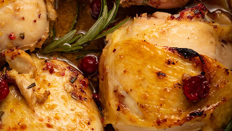 Close-up of golden-brown roasted chicken thighs with fresh cranberries and rosemary herbs