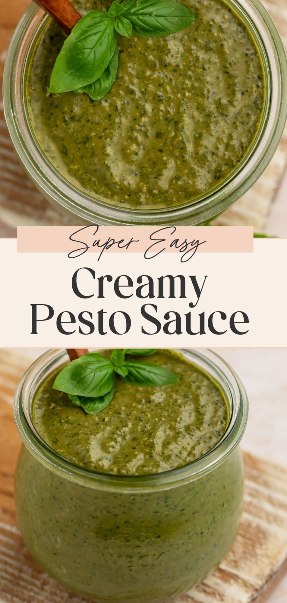 Super easy creamy pesto sauce in glass jar with fresh basil and wooden spoon