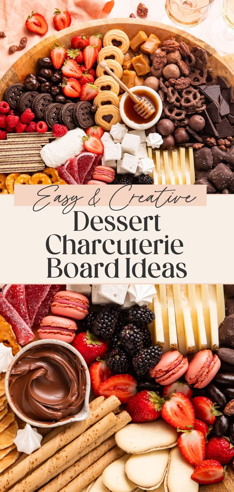 Creative dessert board ideas with chocolate truffles Oreos pirouette cookies fresh berries honey dip macarons and cheese for holiday parties.