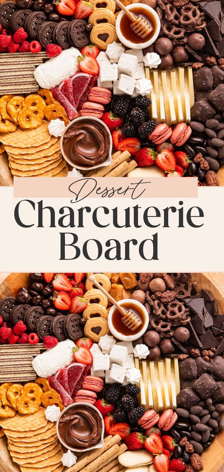 How to make a dessert charcuterie board with chocolate dip cookies fresh berries cheese crackers and sweet treats for parties.