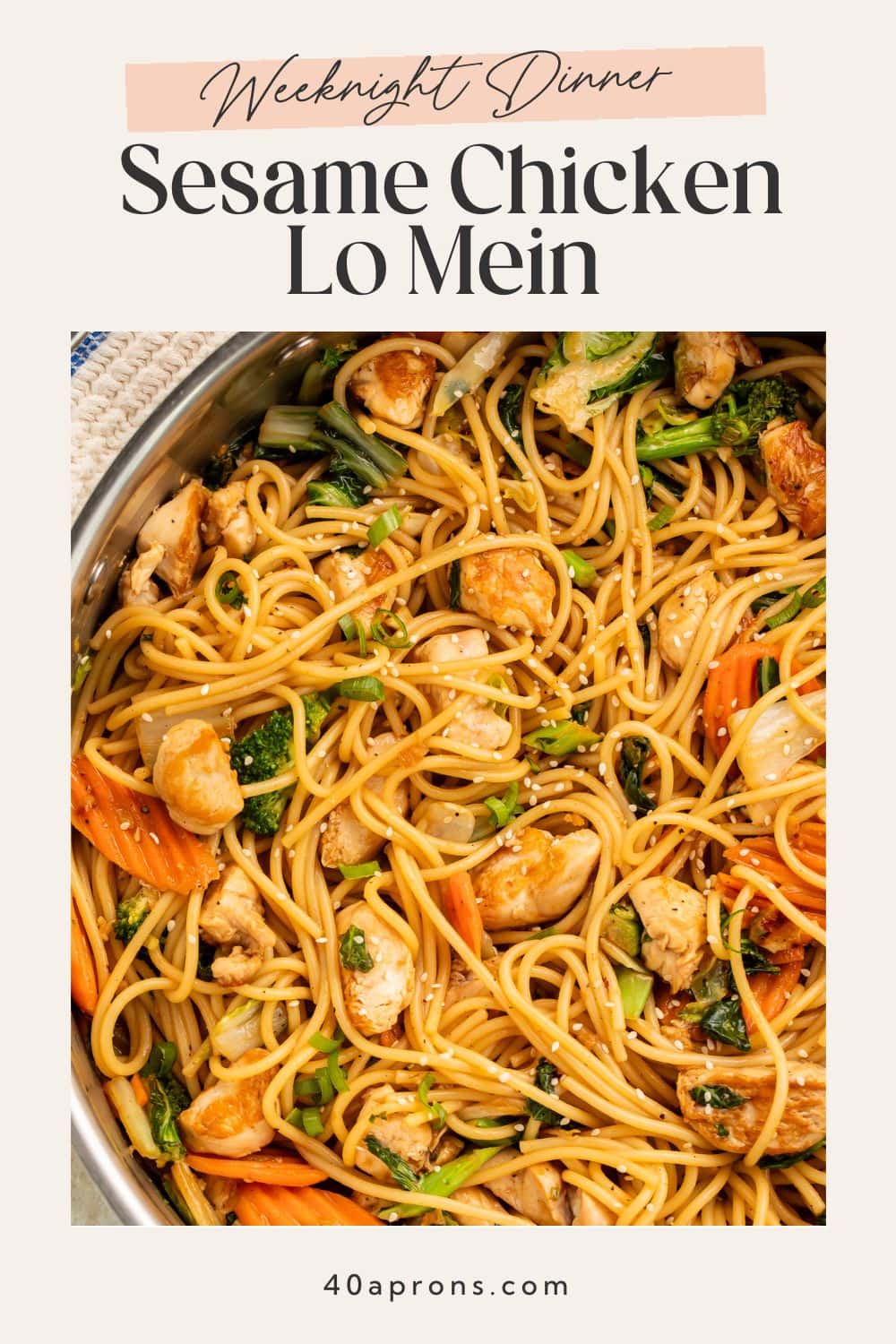 Weeknight dinner sesame chicken lo mein in a skillet with noodles and vegetables