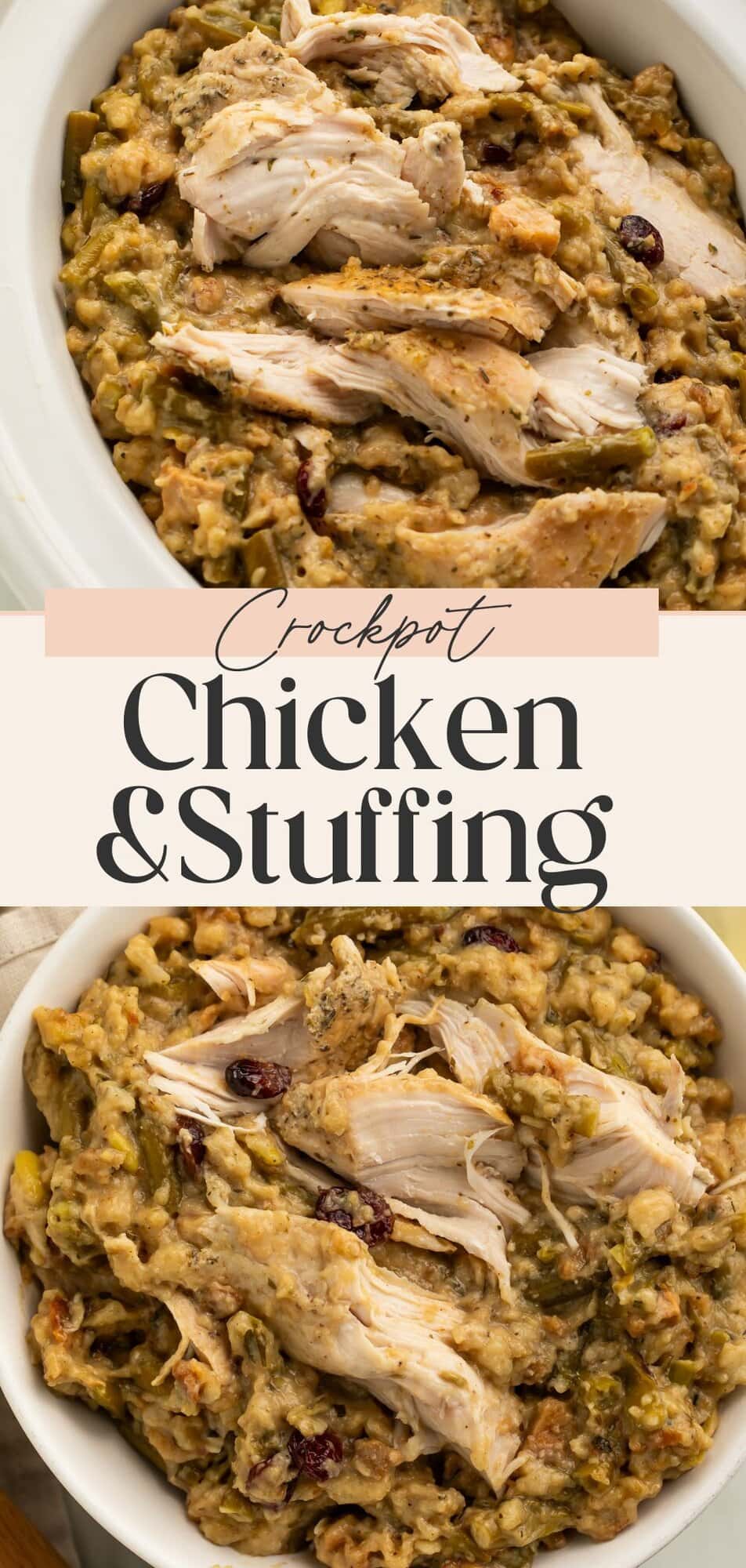 Crockpot chicken and stuffing in white bowls with text overlay reading Crockpot Chicken and Stuffing