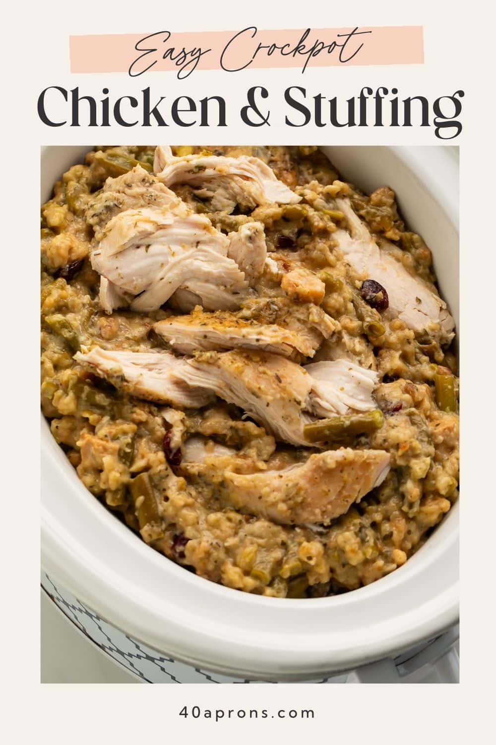 Crockpot chicken and herb stuffing in white slow cooker with text overlay reading Easy Crockpot Chicken and Stuffing