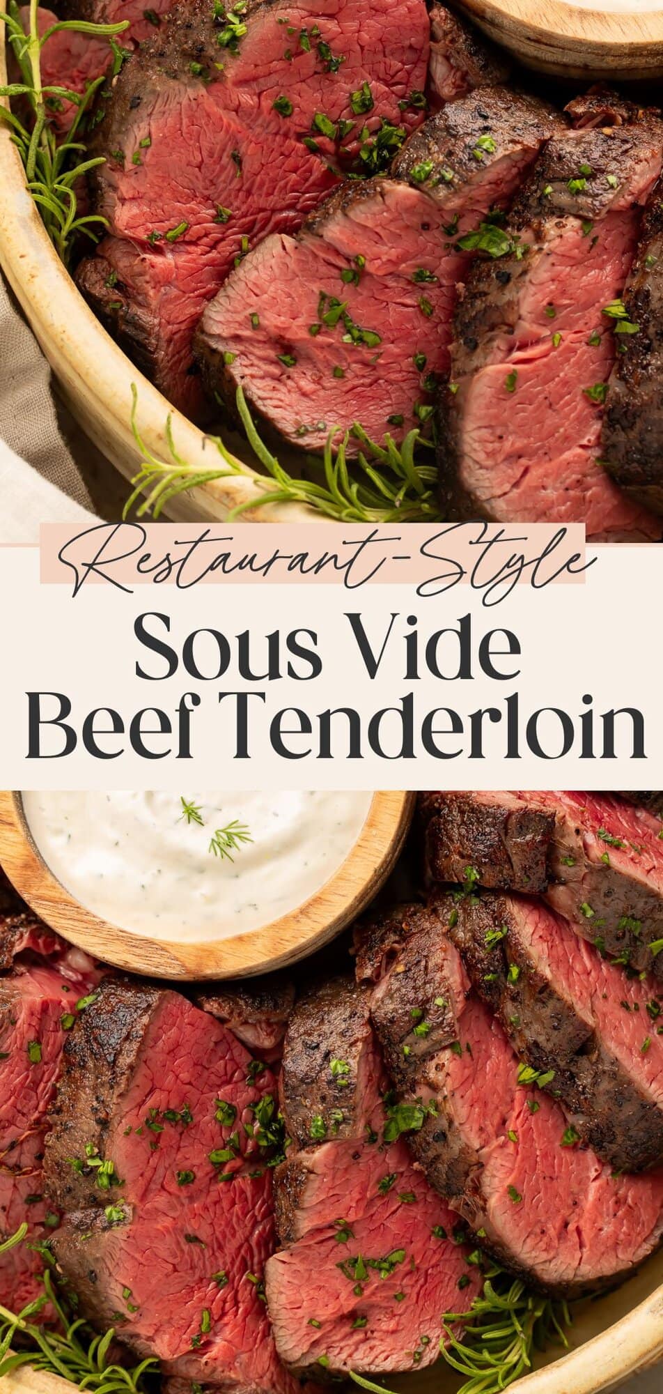 Pinterest pin displaying sous vide beef tenderloin medallions with text overlay reading Restaurant-Style Sous Vide Beef Tenderloin.