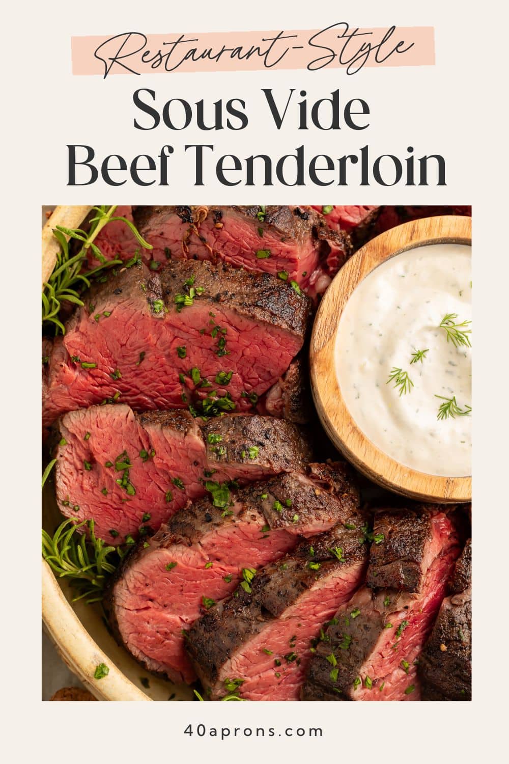 Pinterest pin showing sliced sous vide beef tenderloin with text overlay reading Restaurant-Style Sous Vide Beef Tenderloin.