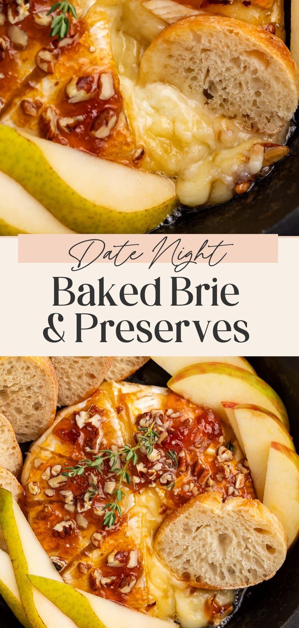 Pinterest graphic featuring date night baked brie recipe with two images