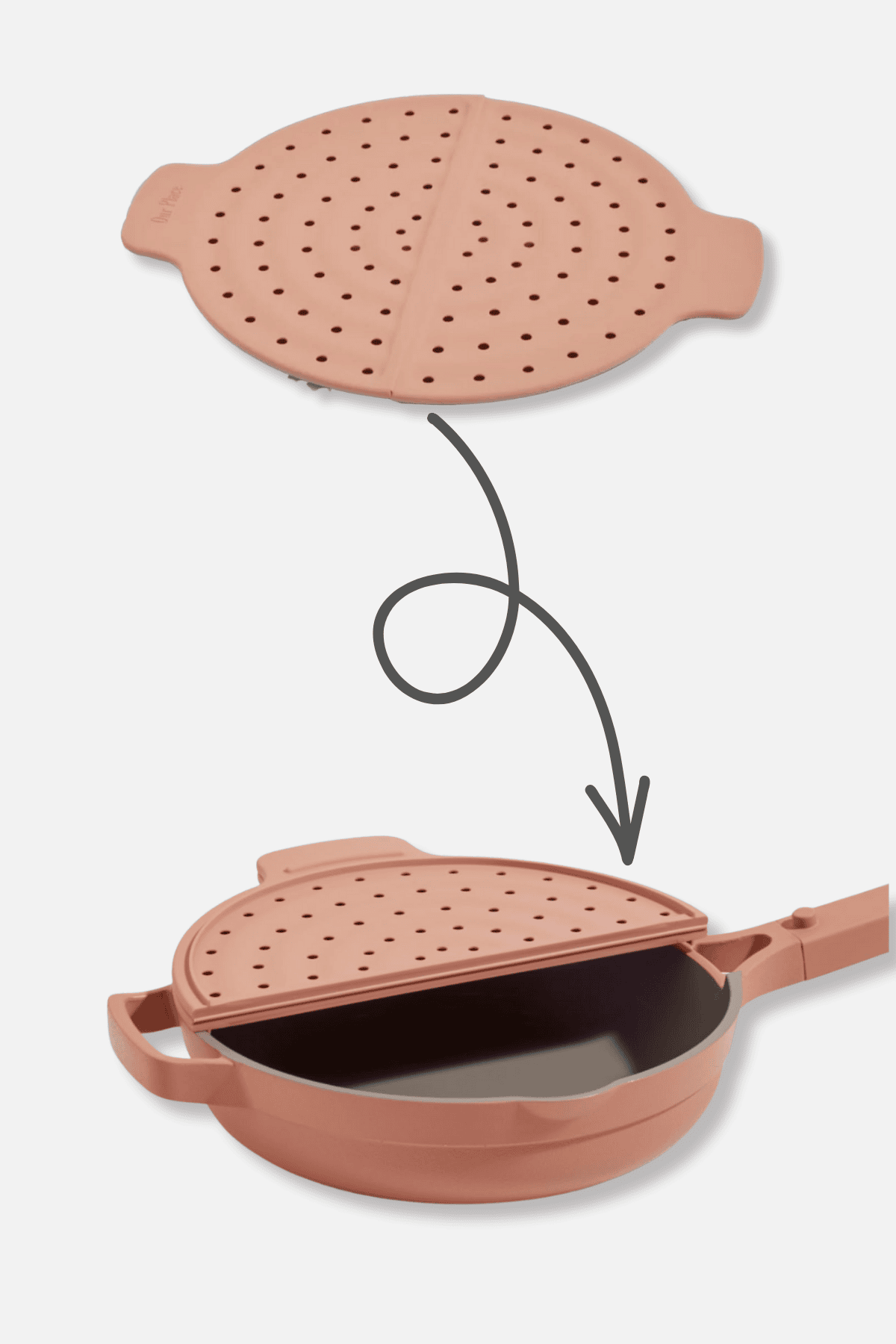 Our Place Fearless Fry coral splatter guard covering ceramic nonstick pan