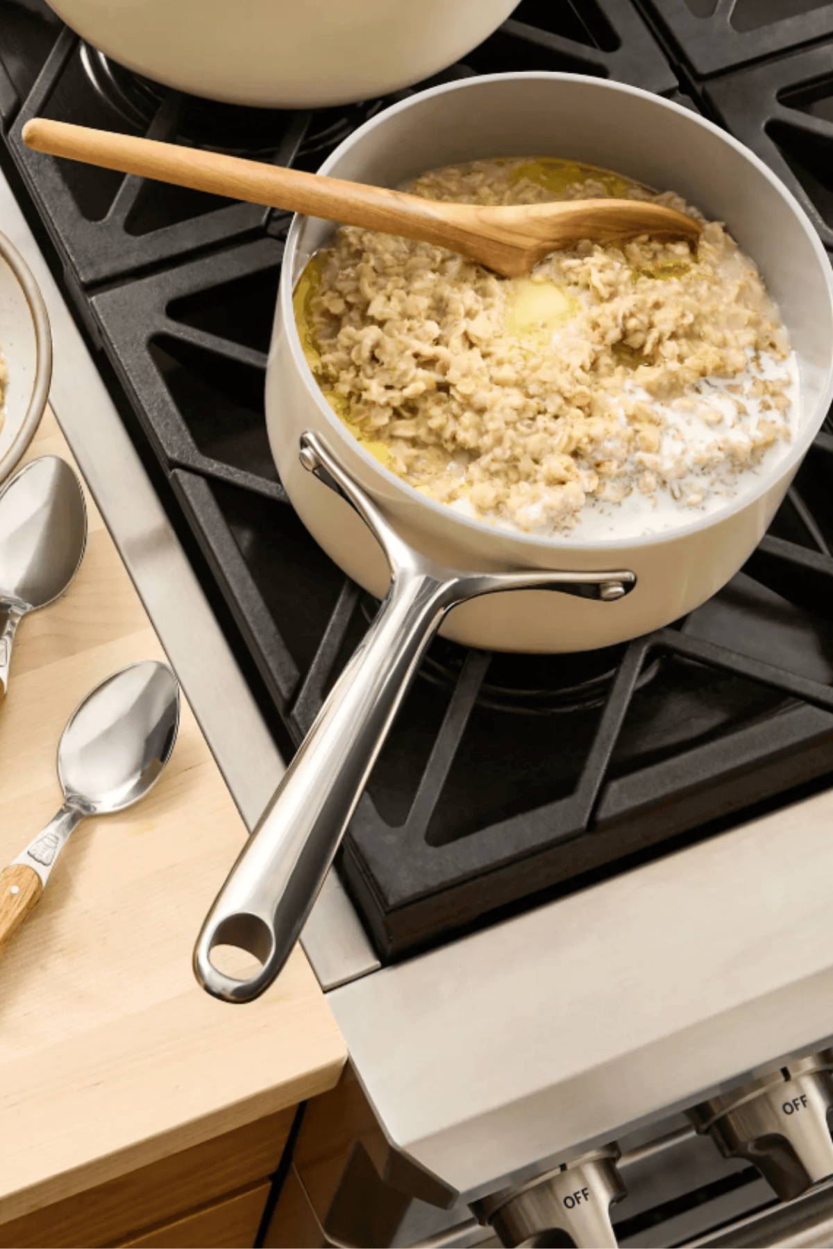 Quince ivory ceramic nonstick 3 quart pot on stovetop cooking creamy risotto
