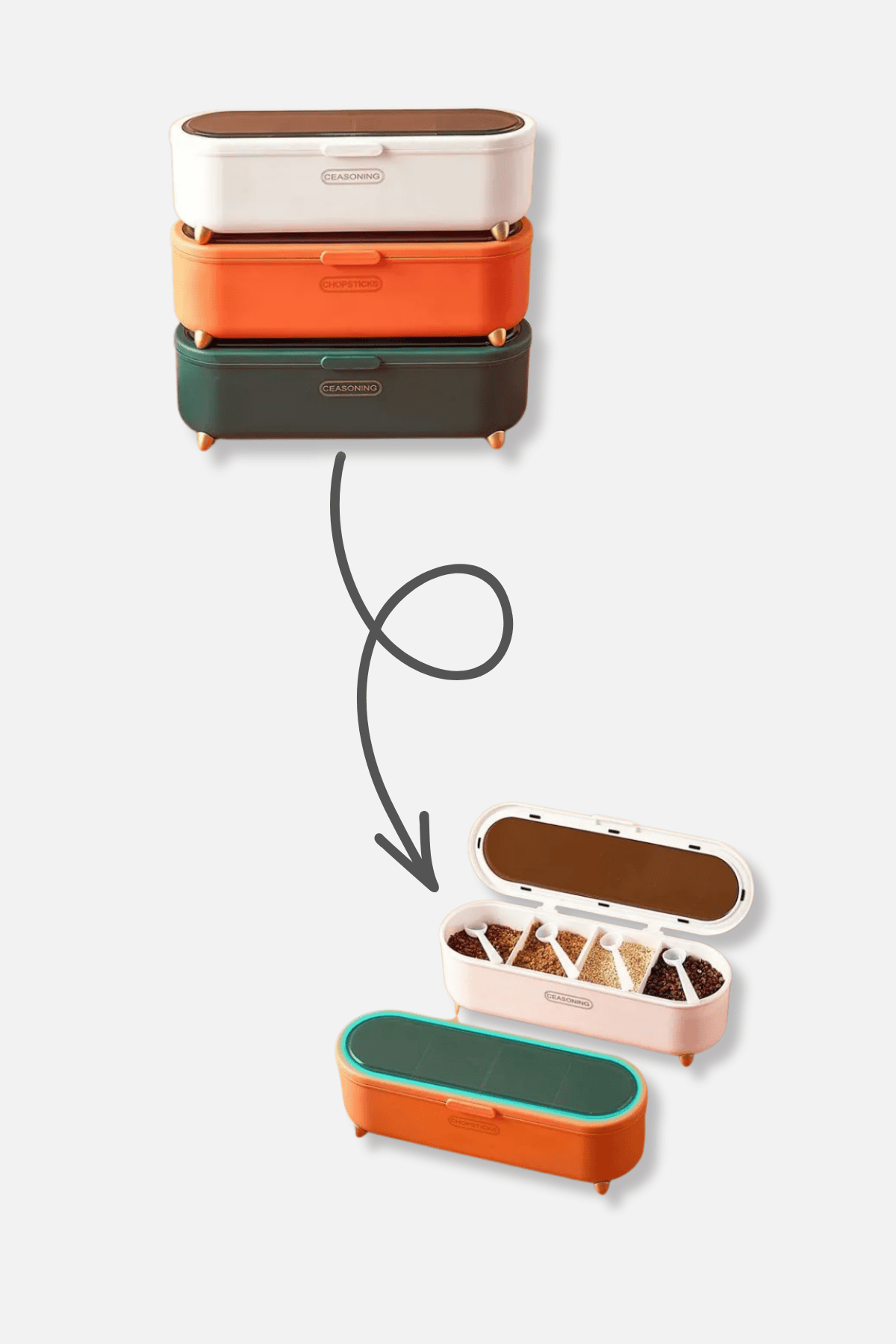 Three colorful seasoning storage containers stacked showing interior compartments with spices