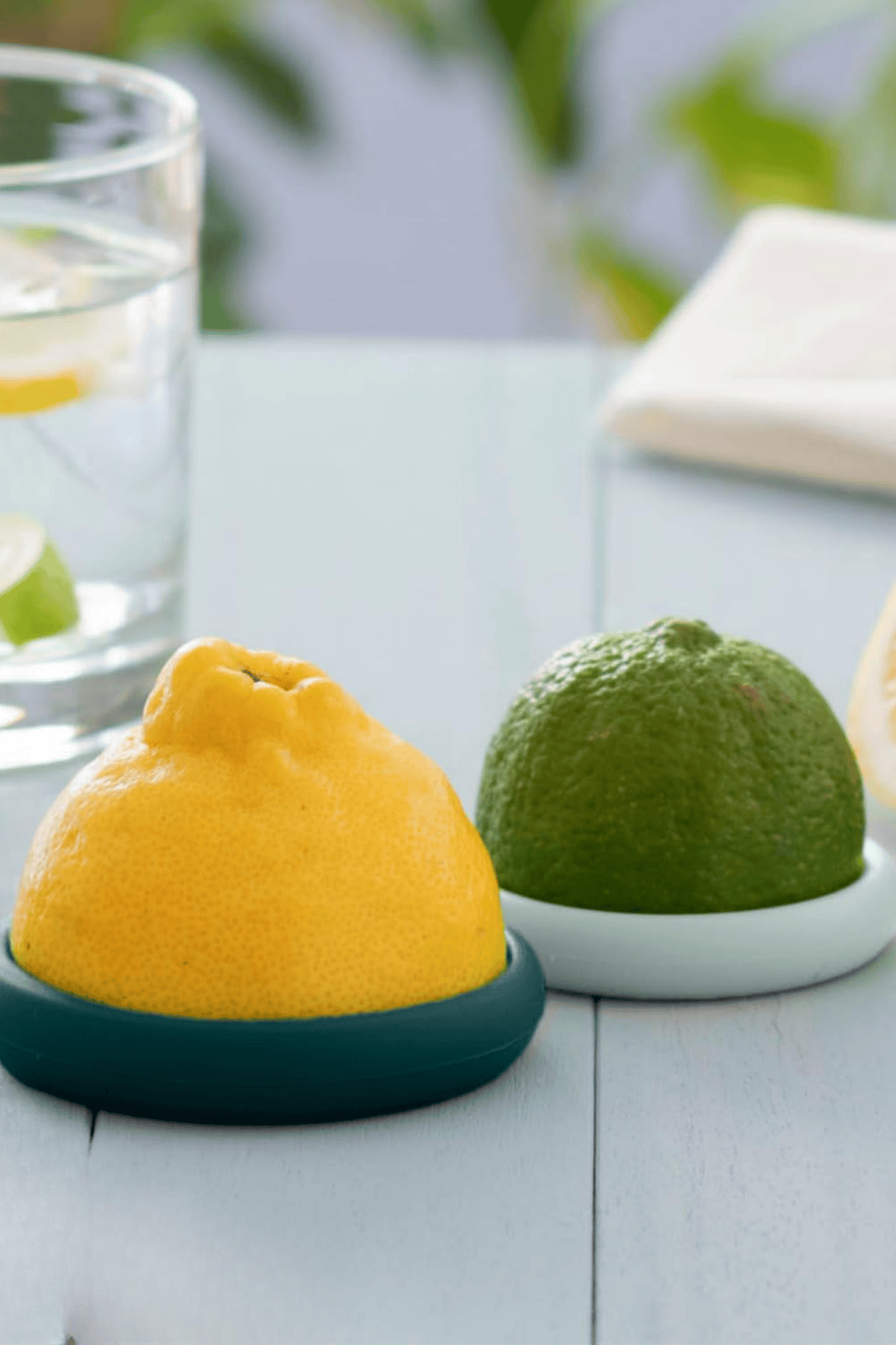 Food Huggers citrus savers with lemon and lime halves in teal silicone covers