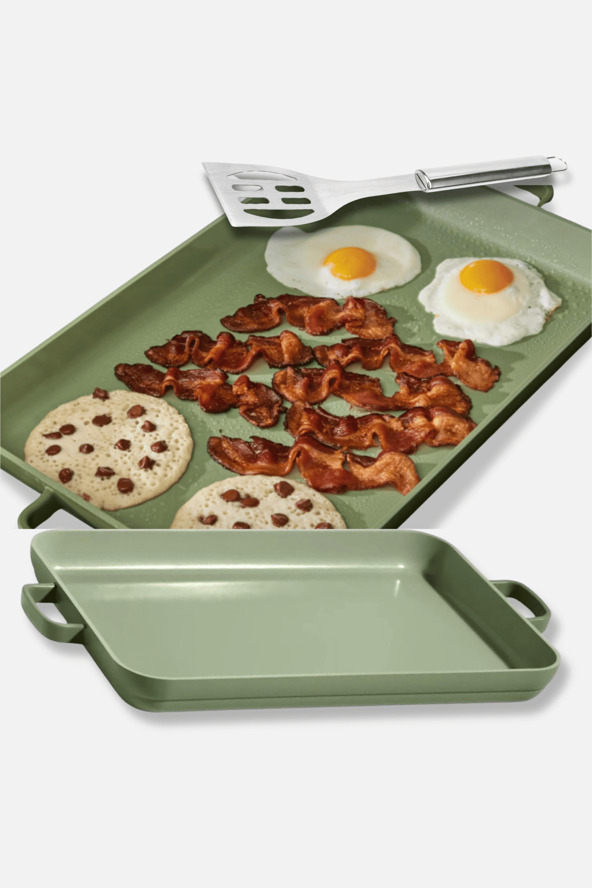 Our Place sage green griddle pan on stovetop with bacon eggs and pancakes