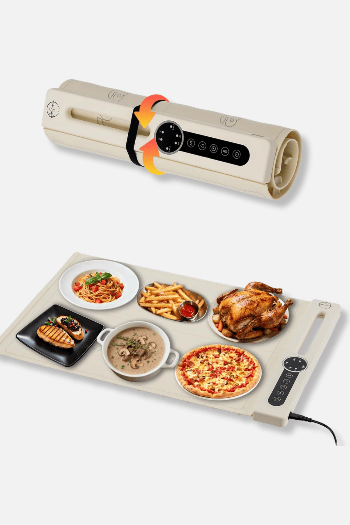 Beige food warming mat shown rolled up and flat with multiple dishes