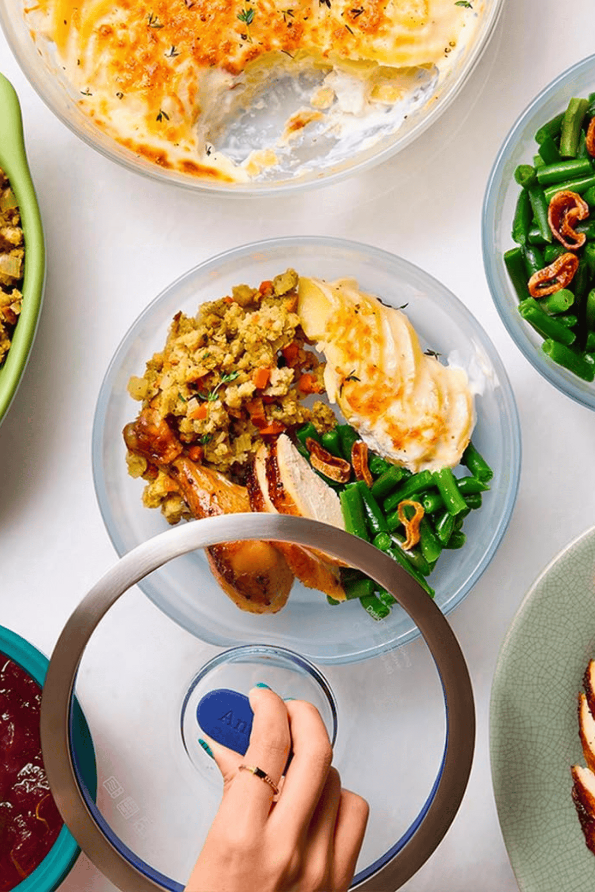 Anyday glass containers with Thanksgiving dinner including turkey stuffing mashed potatoes green beans