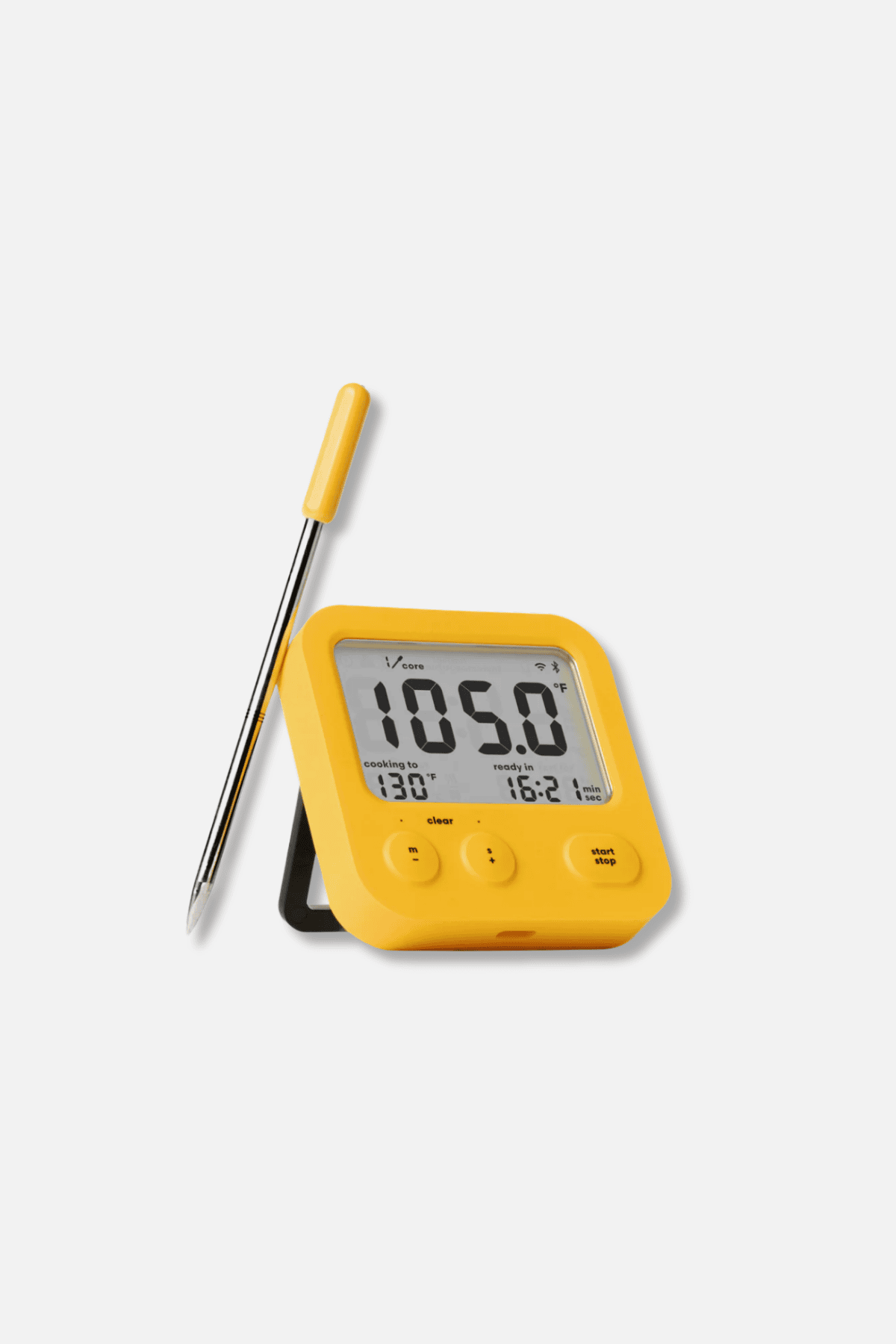 Combustion Predictive Thermometer in yellow with digital display and metal probe