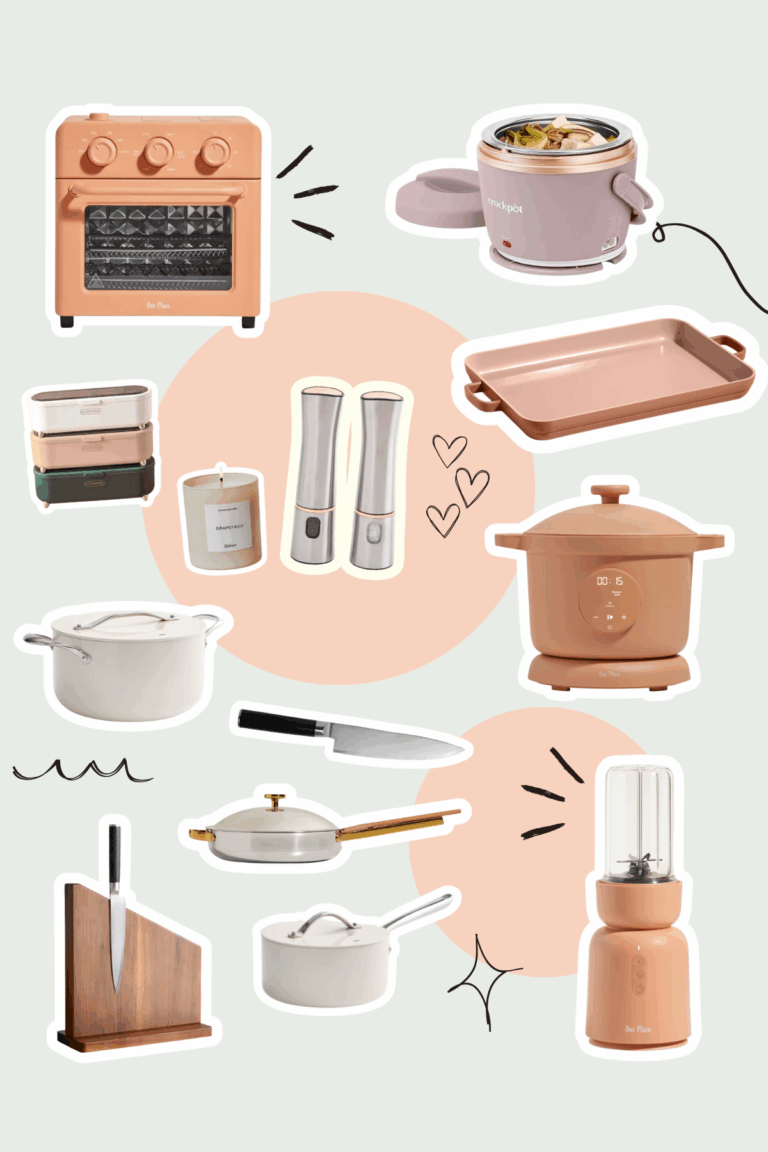 Collage of best kitchen gadgets for 2026 including Our Place cookware Quince products and smart appliances on beige background