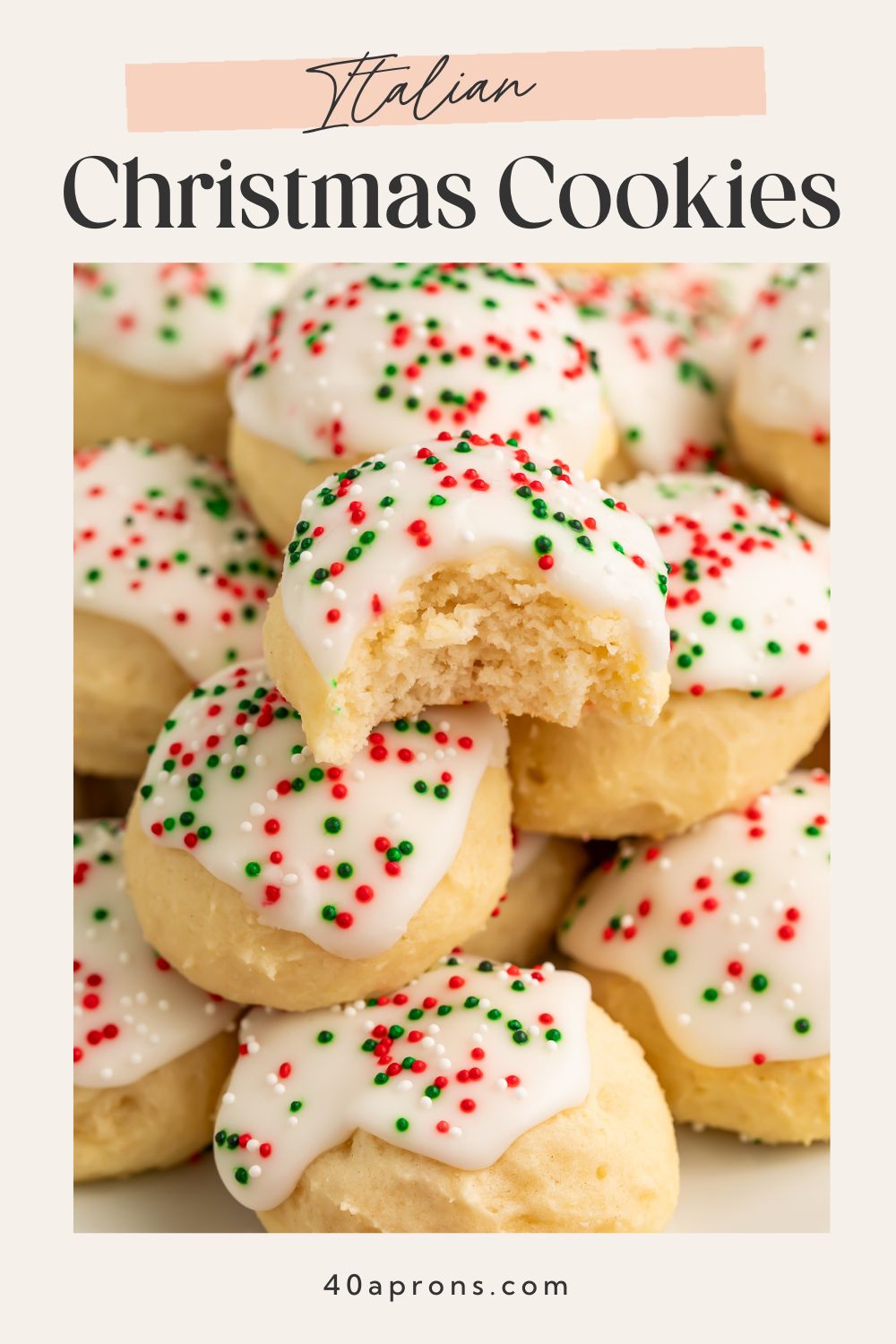 Vertical Pinterest pin with Italian Christmas cookies photo and text reading Italian Christmas Cookies