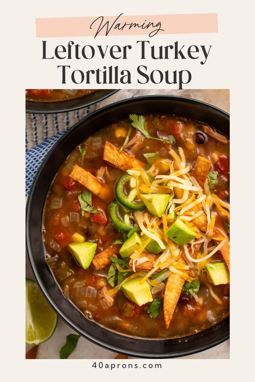 Pinterest pin for warming leftover turkey tortilla soup with close-up of bowl showing toppings and broth