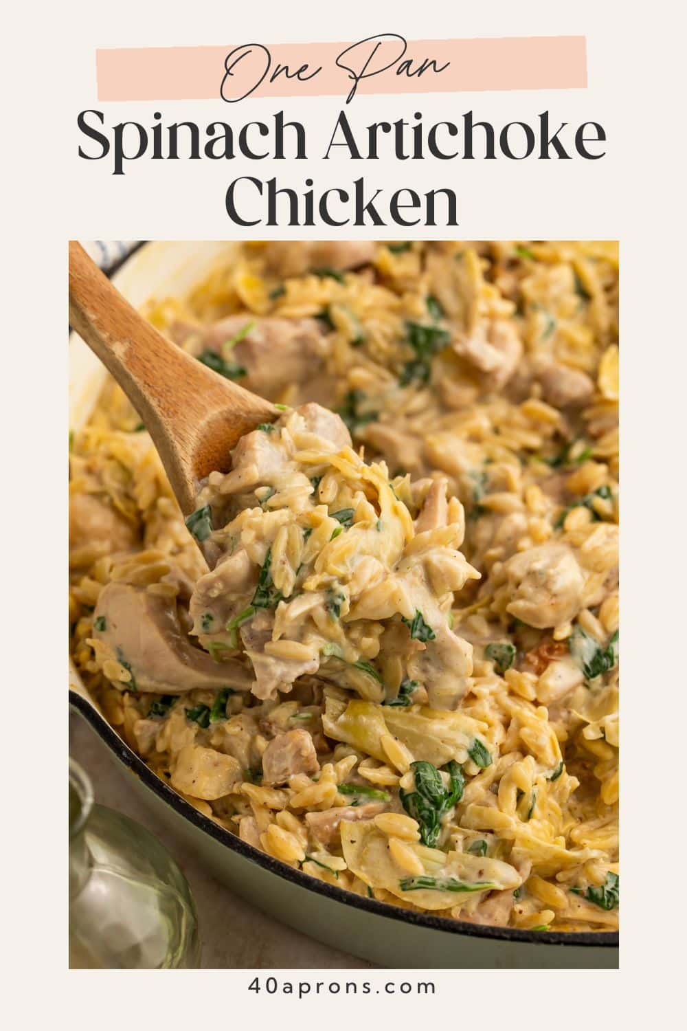 Pinterest pin showing wooden spoon with spinach artichoke chicken orzo