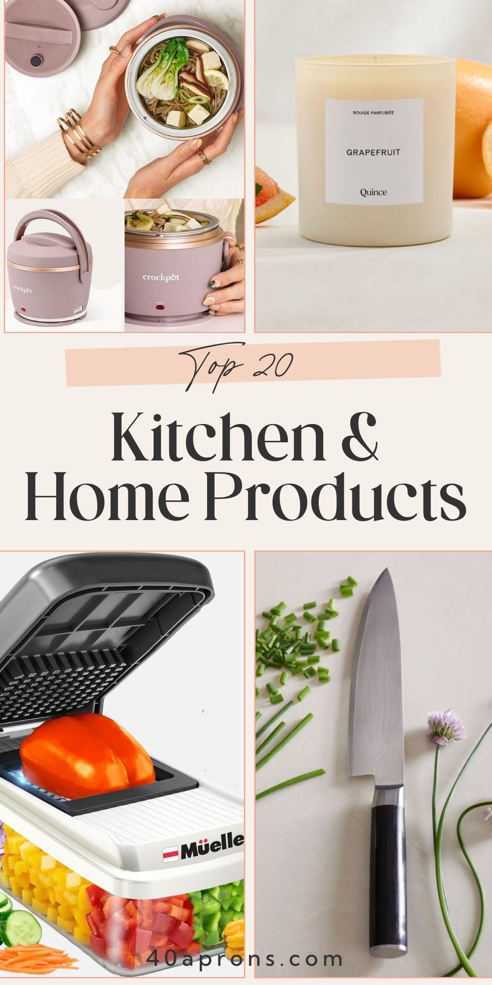 Collage of kitchen products including pink crockpot with food, grapefruit candle, vegetable chopper, and chef's knife.