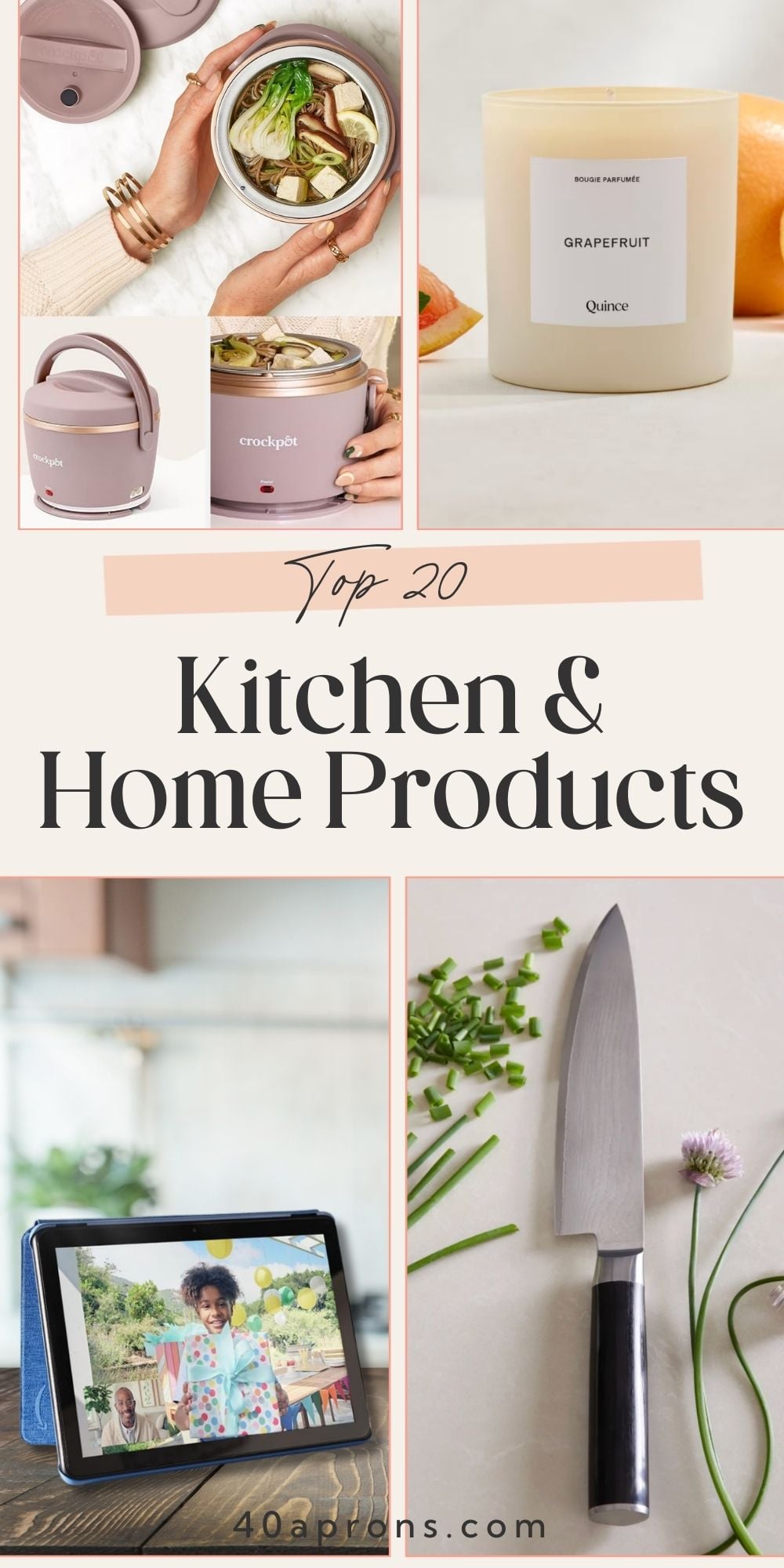 Kitchen essentials collage showing pink crockpot, grapefruit candle, tablet device, and chef's knife on cutting board.