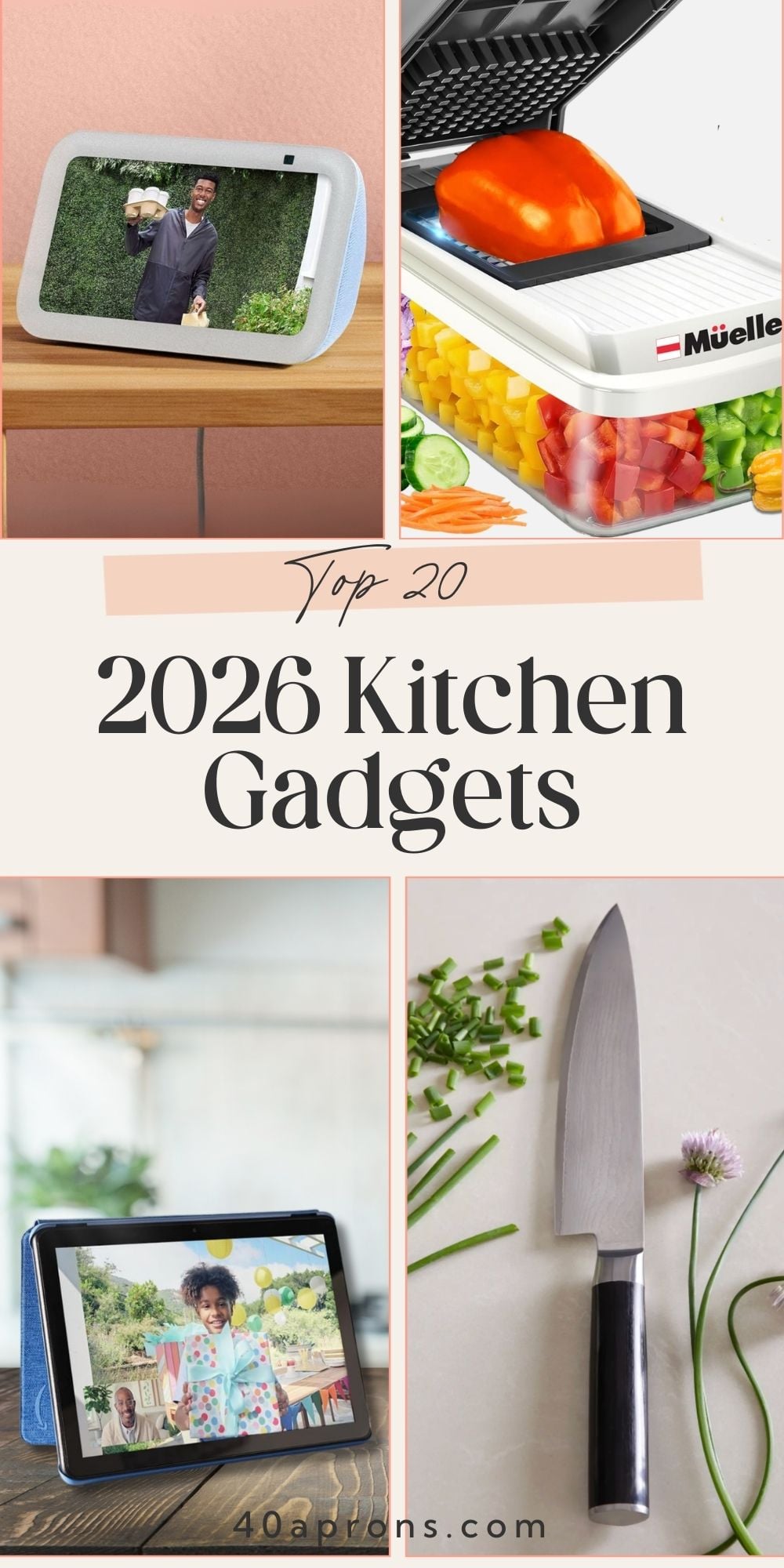 Kitchen gadgets collage featuring tablet with video display, vegetable chopper with bell pepper, and chef's knife.