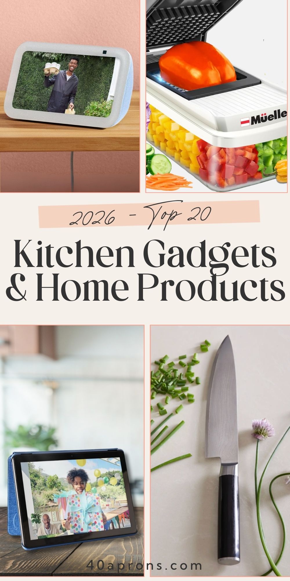 Collage of kitchen gadgets showing tablet on stand, multi-blade vegetable chopper, and professional chef's knife.