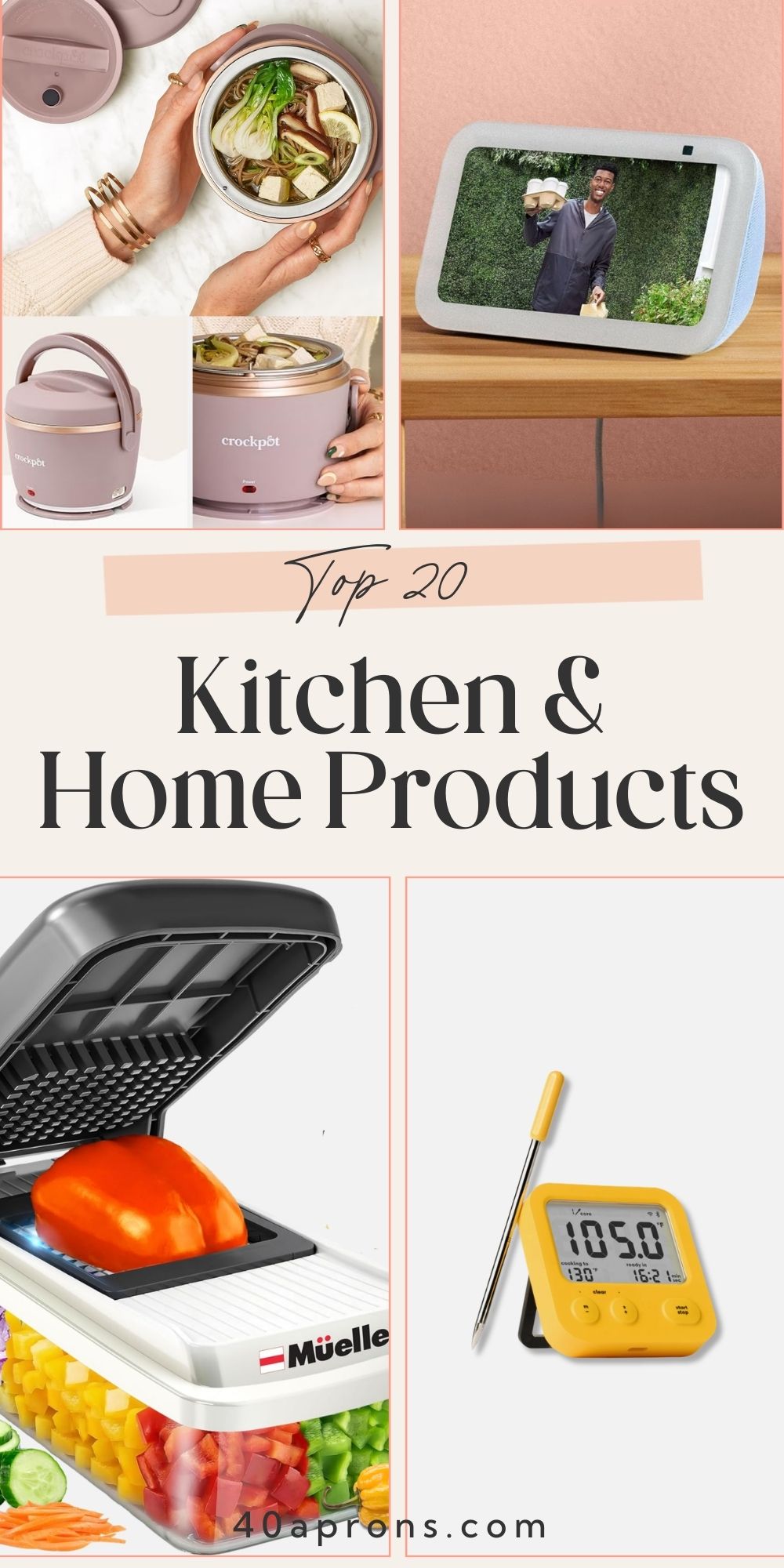Kitchen products collage with pink crockpot held by hands, tablet device, vegetable chopper, and yellow digital thermometer.