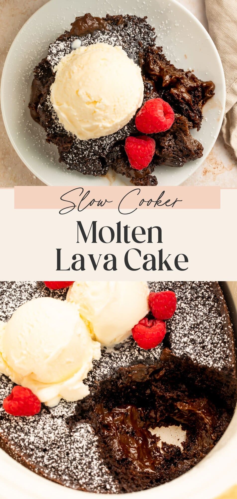 Pinterest pin for slow cooker molten lava cake with chocolate dessert images and text overlay