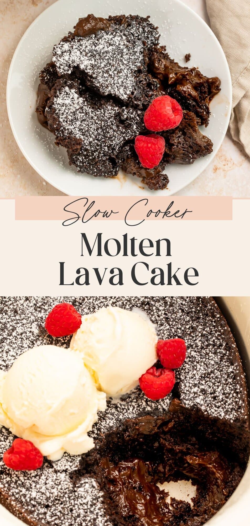 Pinterest pin for molten lava cake recipe with gooey chocolate center and ice cream