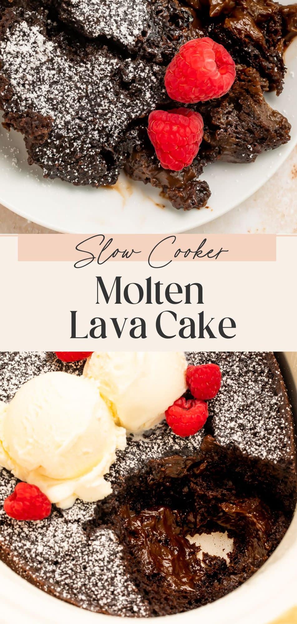 Pinterest pin featuring chocolate lava cake with raspberries and vanilla ice cream