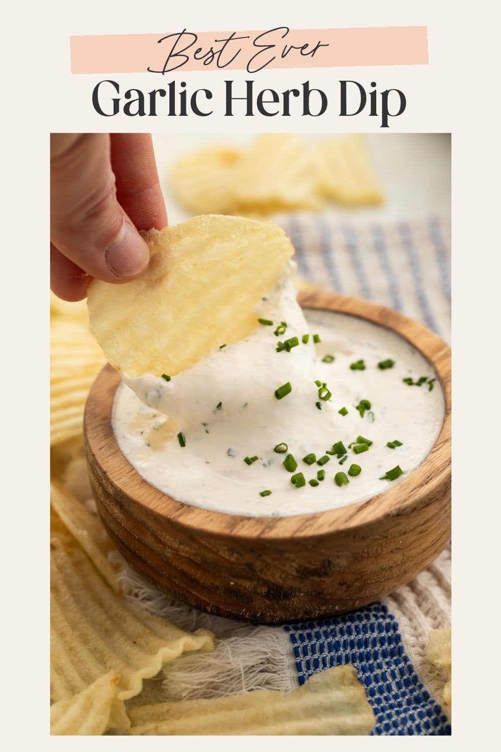 Best Ever Garlic Herb Dip Pinterest pin showing hand holding chip above creamy dip.