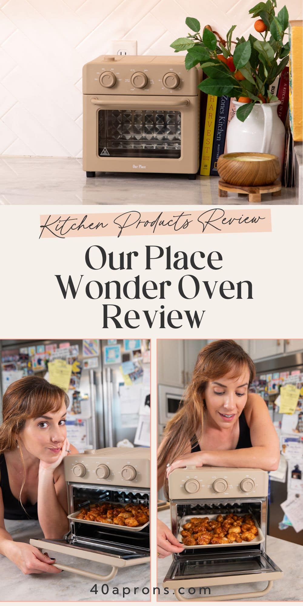 Our Place Wonder Oven in tan on marble counter beside Our Place Wonder Oven Review Pinterest graphic.