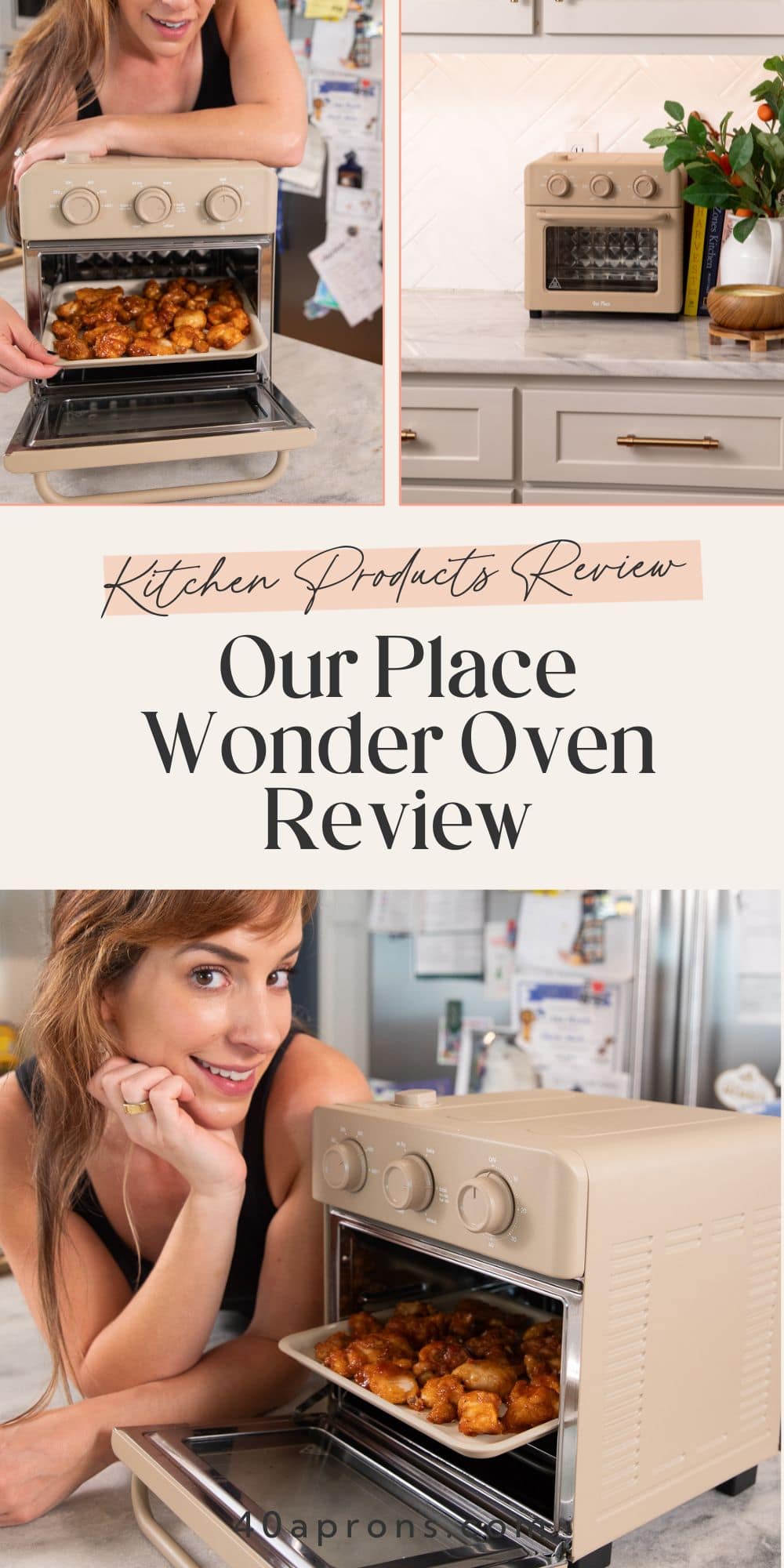 Woman pulling tray of food from Our Place Wonder Oven beside Our Place Wonder Oven Review Pinterest graphic.