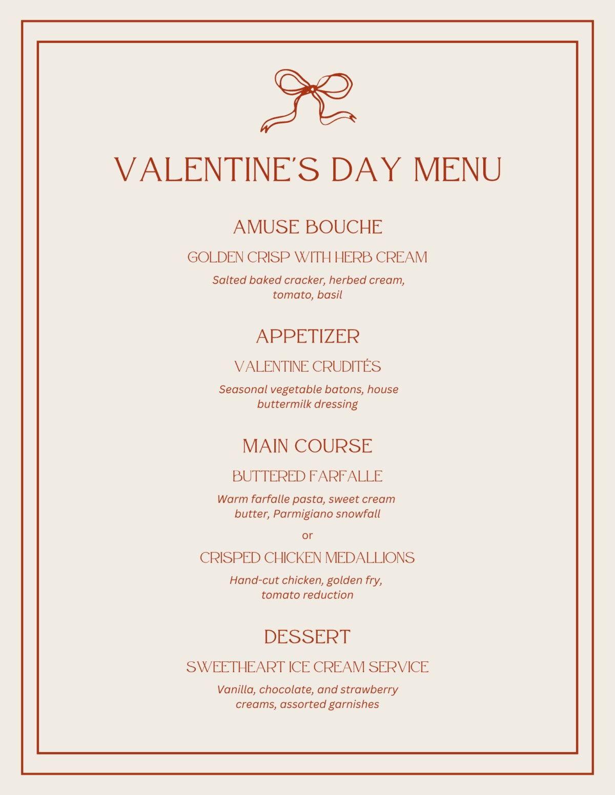 Valentine's Day menu template with bow decoration listing fancy kids dinner courses including amuse bouche, appetizer, main course options, and dessert